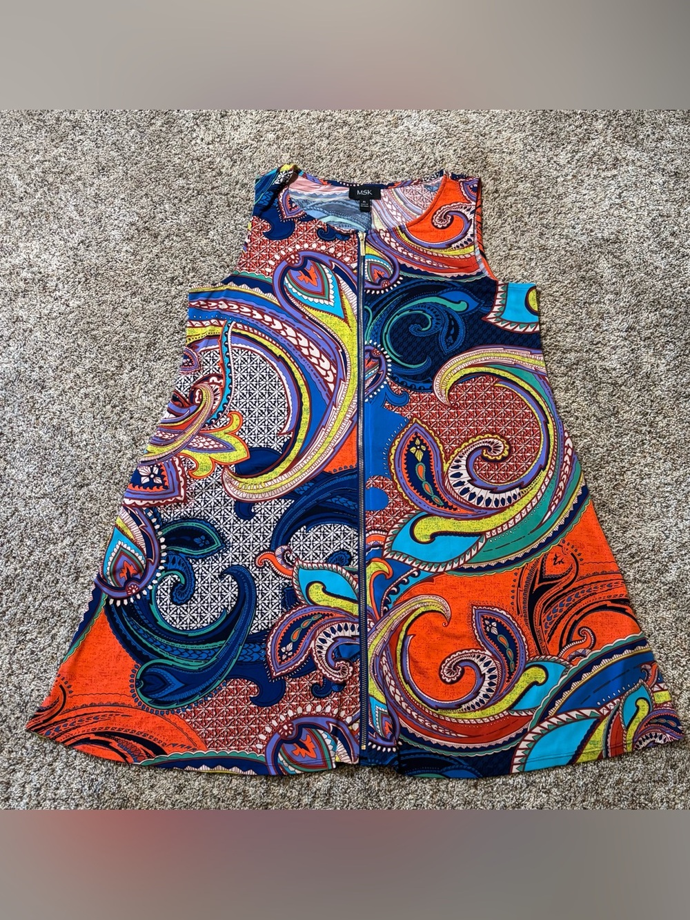 317. MSK Bright Paisley Zip-Front Dress with side pockets, Size XL